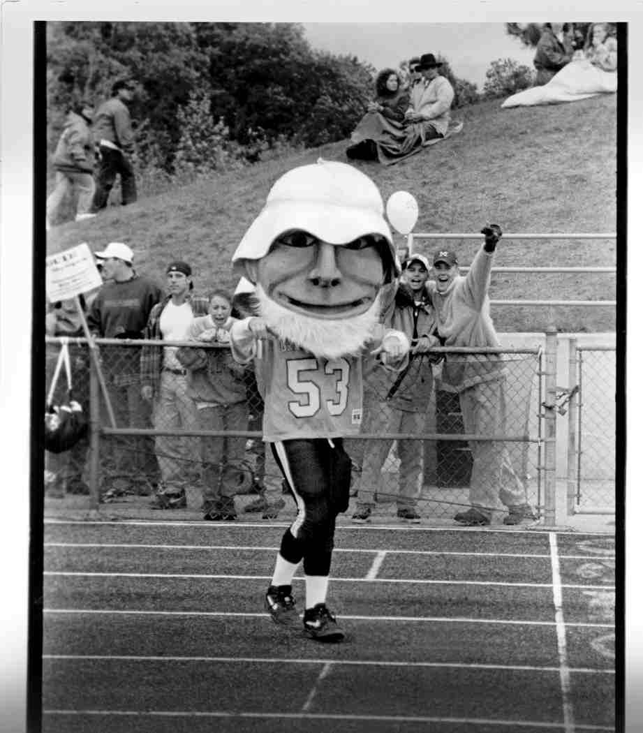 Louie the Laker on the track.